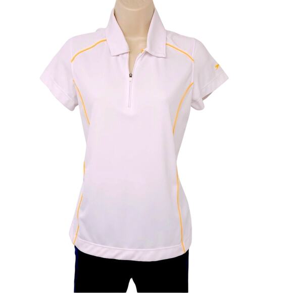 Slazenger Tops - Slazenger White Zip Front Polo Activewear Shirt with Gold Piping Short Sleeve
